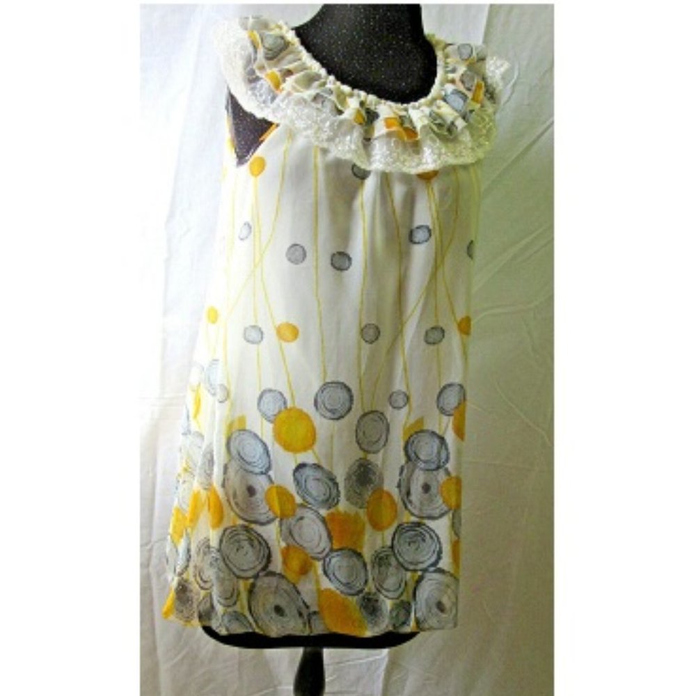 British Pussycat Dress Yellow Gray Chiffon Lightweight Size S